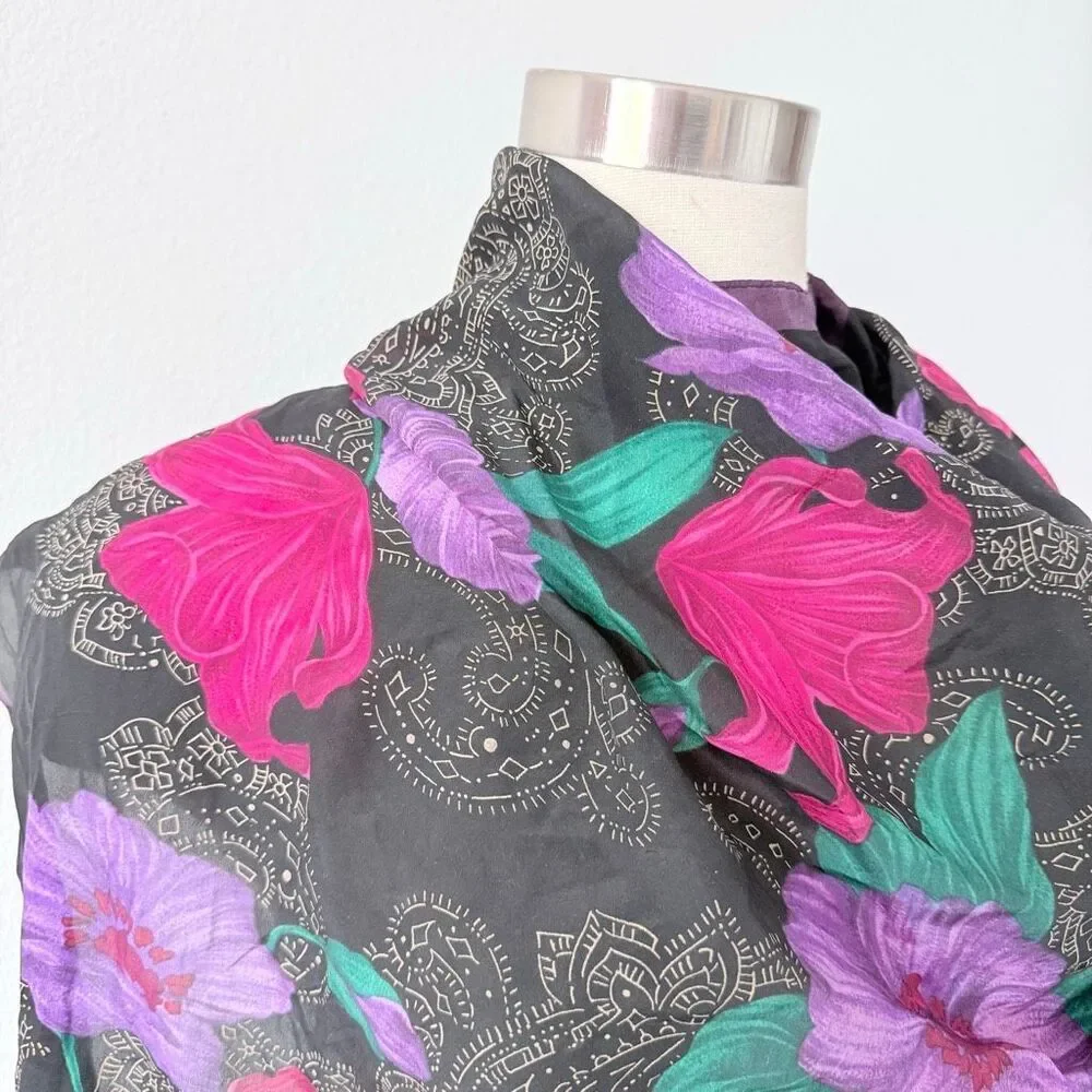Vintage VTG The Specialty House Black Floral  Square Scarf Silk Mandala